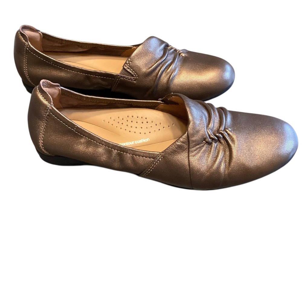 Clarks Rena Way Bronze Ballet Flats Ruched Slip On Loafers Flats Contour Cushio - Picture 3 of 9
